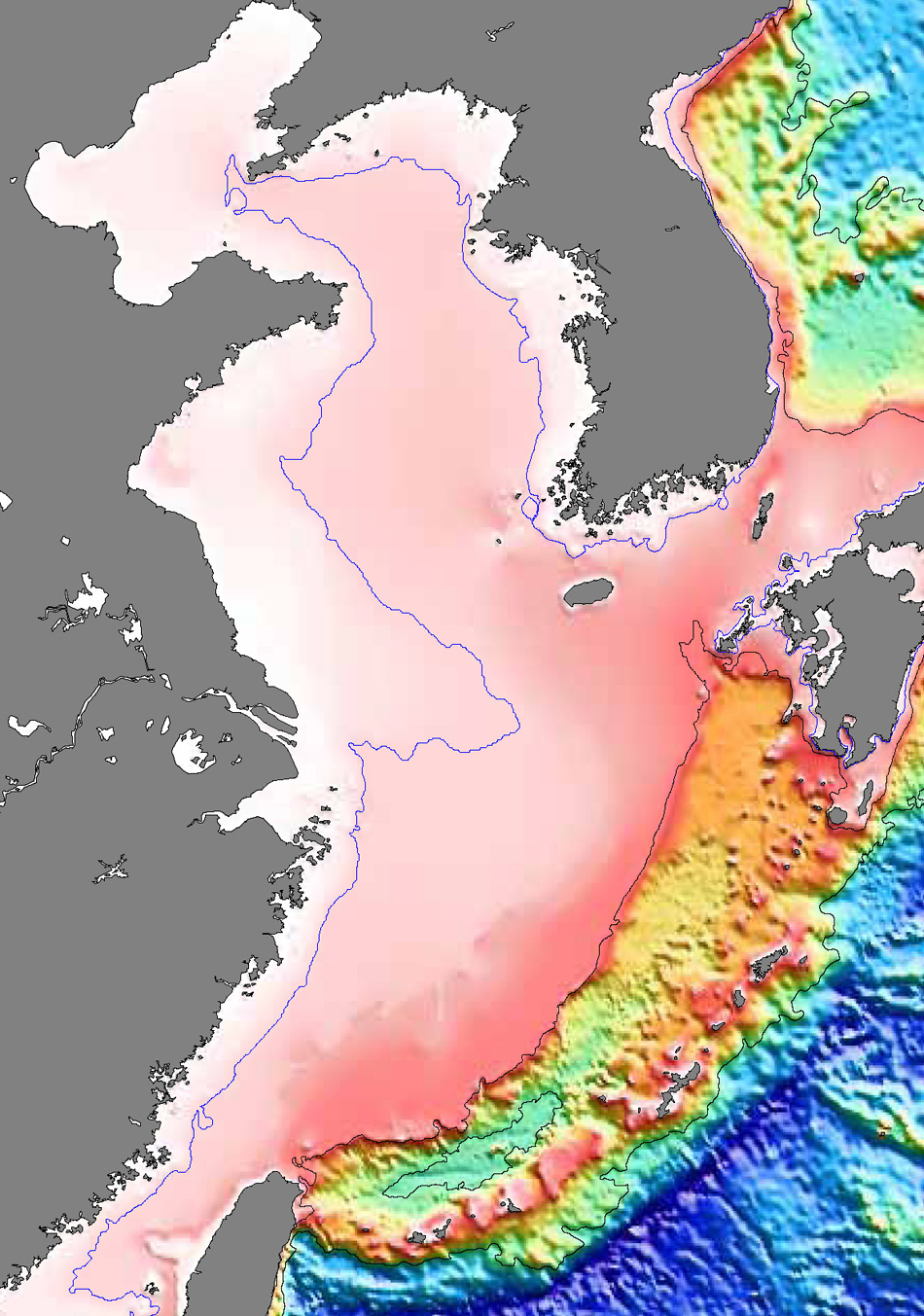 颜色从白色-红色-橙色-黄色-绿色-蓝色依次表示水深增加,我们黄海