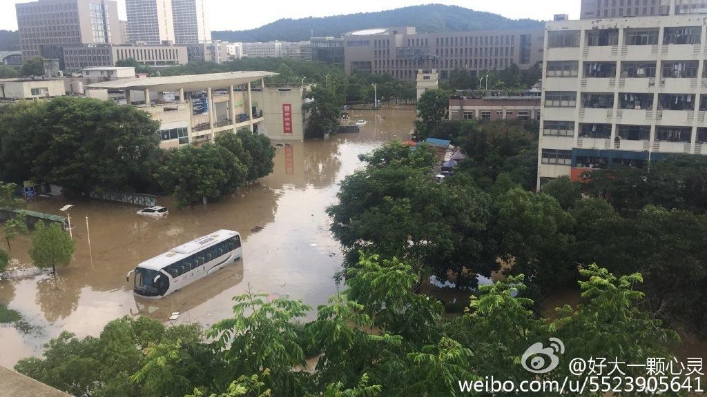 7月7日上午,一夜暴雨过后,南京河海大学江宁校区被雨水漫灌,超过