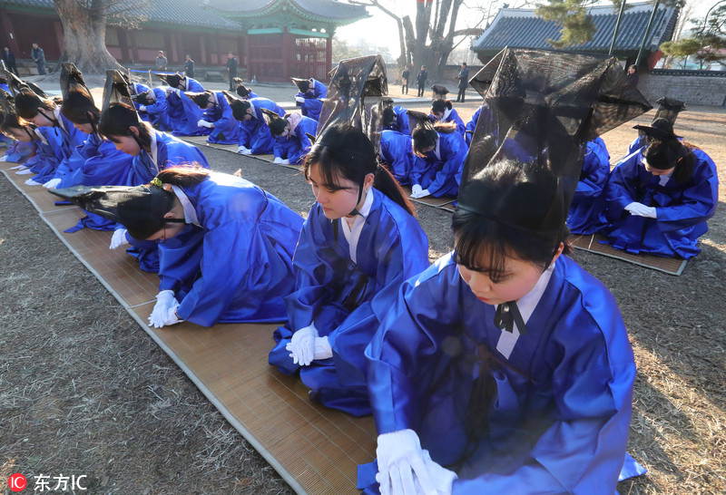 韩国成均馆大学新生入学仪式 穿韩服行跪拜大礼