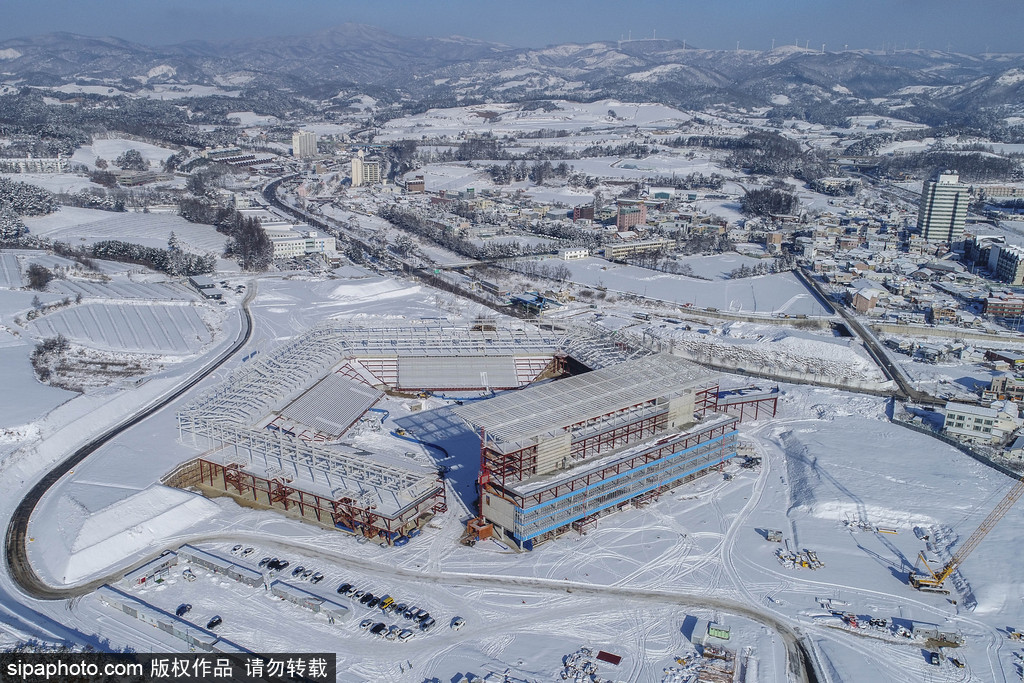 航拍平昌冬奥会奥运村冬日白雪皑皑