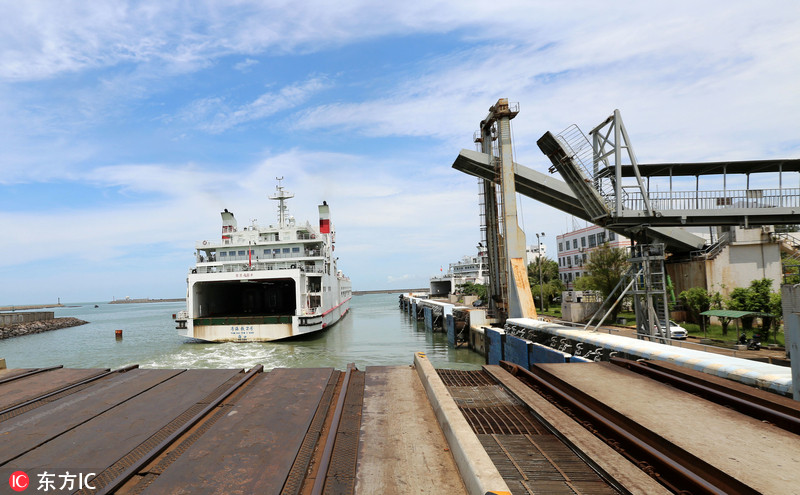 海南海口,从海南岛准备过海的列车正由机头牵引到粤海铁路南港码头"坐