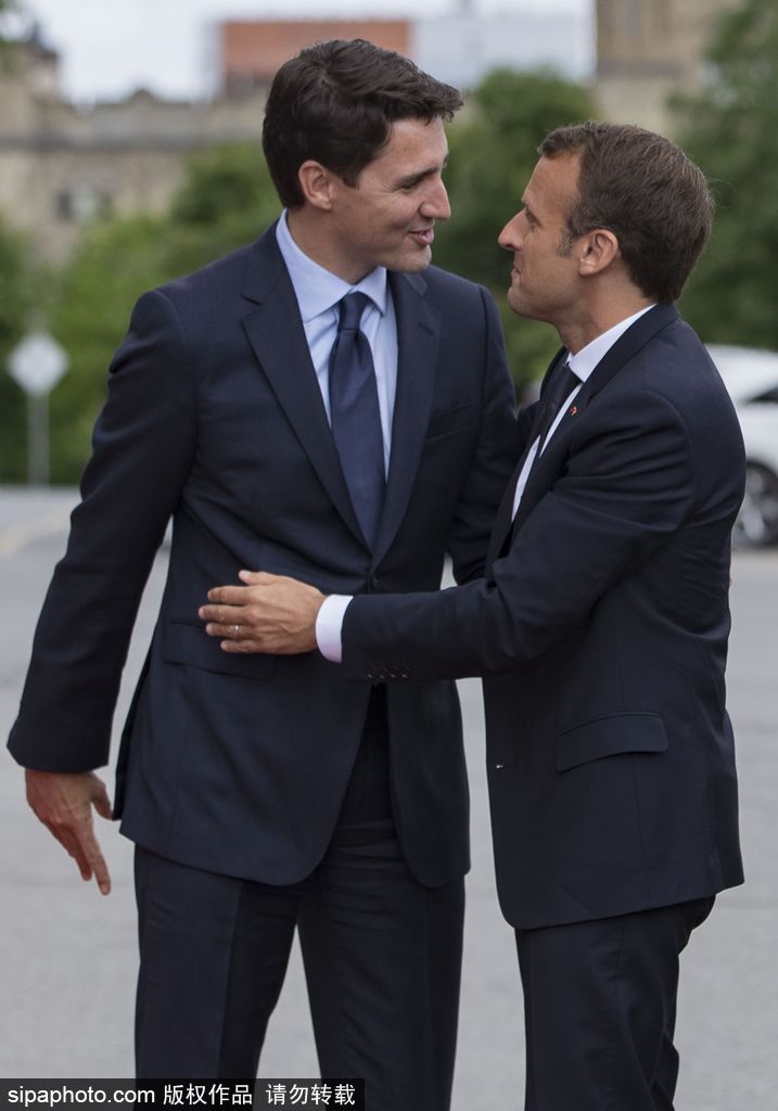 加拿大渥太华,法国总统马克龙到访加拿大,与加拿大总理特鲁多举行会面
