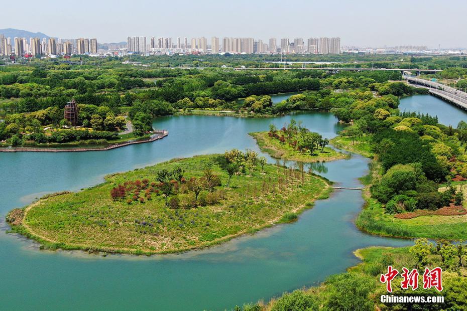 航拍苏州虎丘湿地公园聚焦城市"绿肺"