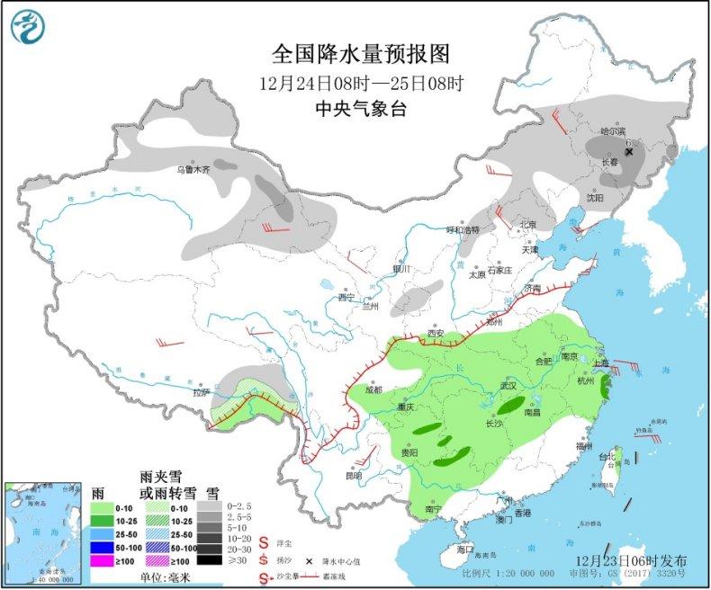 全国降水量预报图(12月24日08时-25日08时)