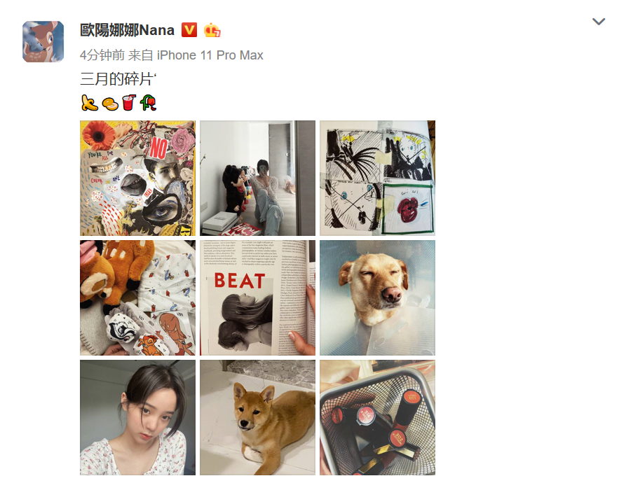 欧阳娜娜分享三月碎片 穿V领碎花上衣秀锁骨