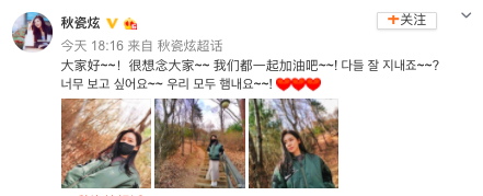 秋瓷炫穿绿色刺绣夹克配长裙 漫步于林中小路优雅文艺