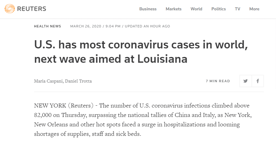 美国成全球新冠肺炎病例最多国家 欧美媒体广泛关注