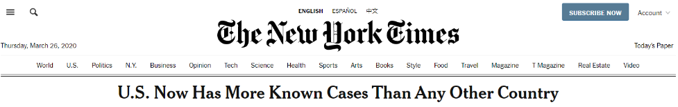 美国成全球新冠肺炎病例最多国家 欧美媒体广泛关注