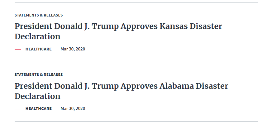 特朗普批准堪萨斯州和阿拉巴马州灾难公告