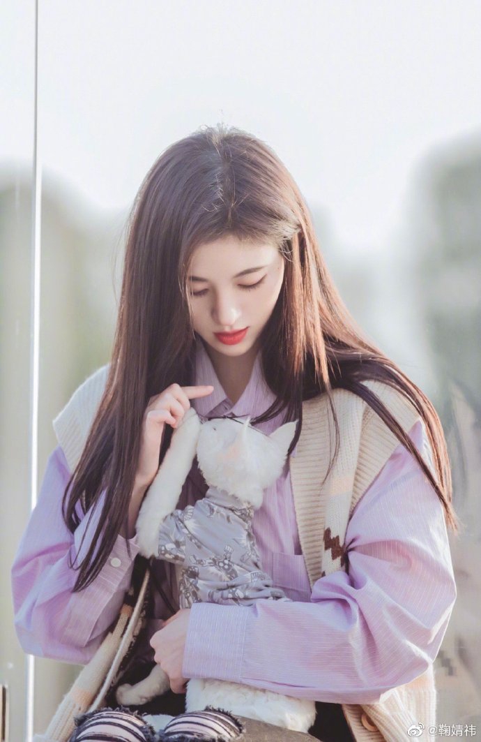 鞠婧祎穿紫色衬衫似邻家女孩 怀抱猫咪尽显温柔