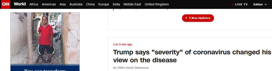 美媒：特朗普“松口”称新冠病毒严重性让他改变看法