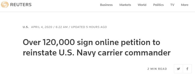 超16万人签署请愿书，呼吁美国海军给被解职的“罗斯福”号舰长复职