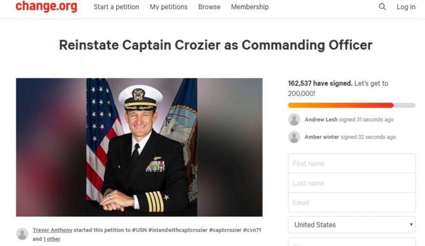 超16万人签署请愿书，呼吁美国海军给被解职的“罗斯福”号舰长复职