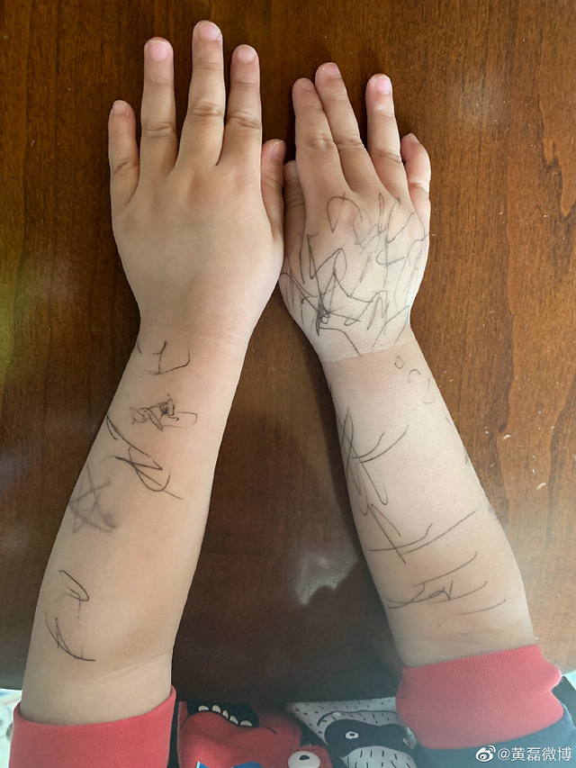 黄磊罕见分享3岁儿子近况 弟弟手臂画满涂鸦