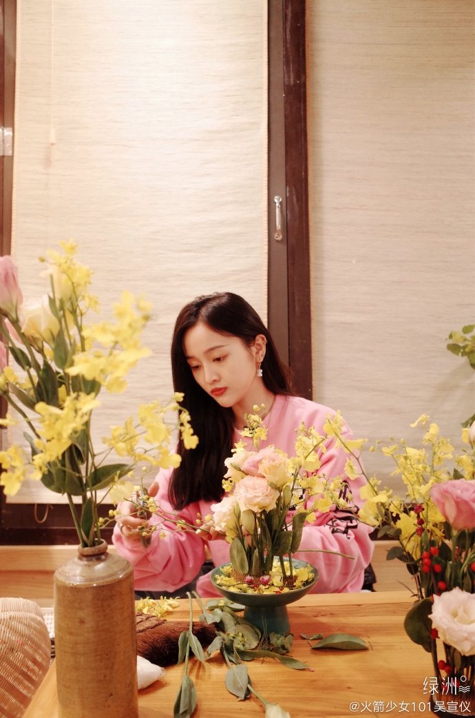 吴宣仪插花享受生活 少女加鲜花画面唯美