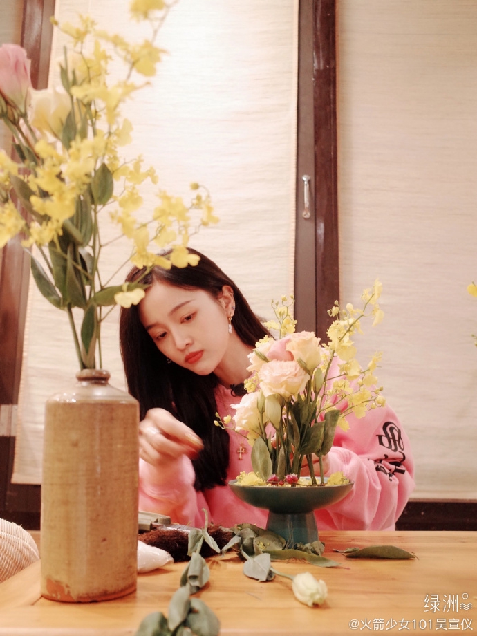 吴宣仪插花享受生活 少女加鲜花画面唯美