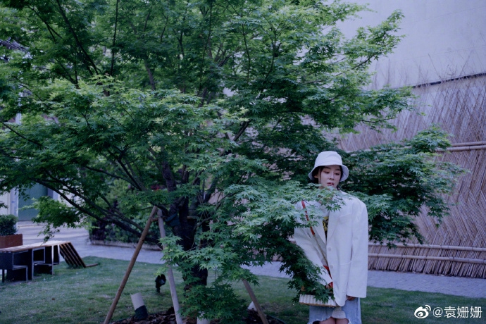 袁姗姗漫步绿丛变身氧气少女 戴白色渔夫帽尽显清新魅力