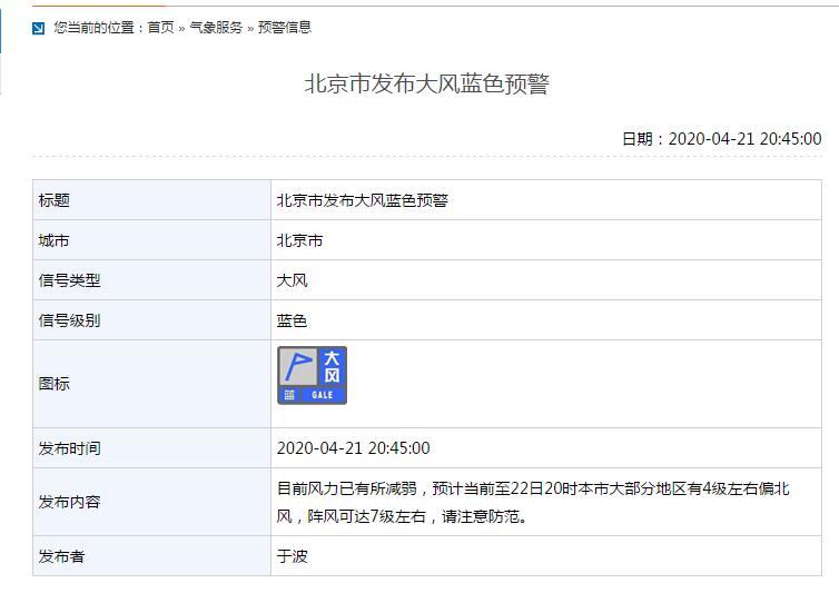 北京市发布大风蓝色预警 阵风可达7级左右