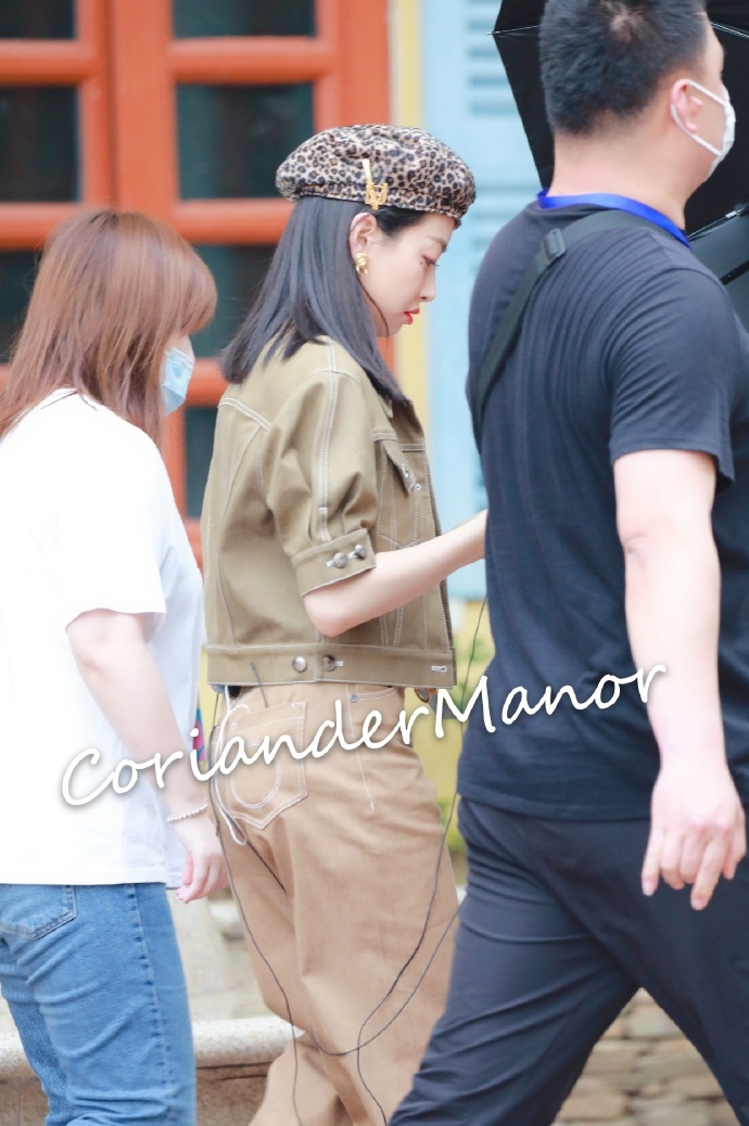 宋茜戴豹纹贝雷帽御姐范足 墨绿色外套搭阔腿裤又美又飒