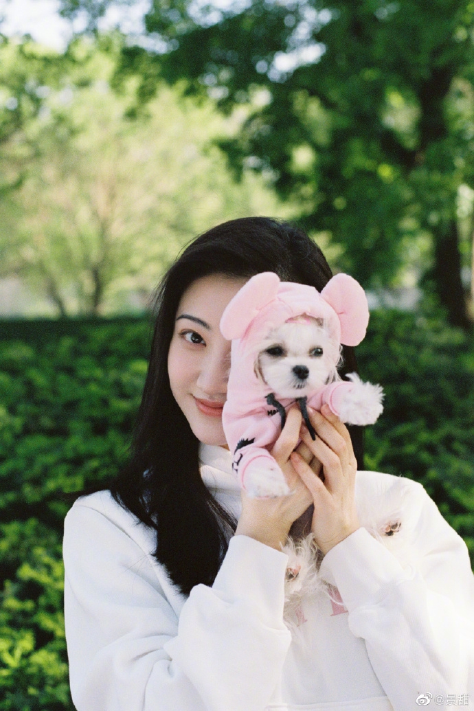 景甜晒与爱犬合照 长发披肩温柔恬静
