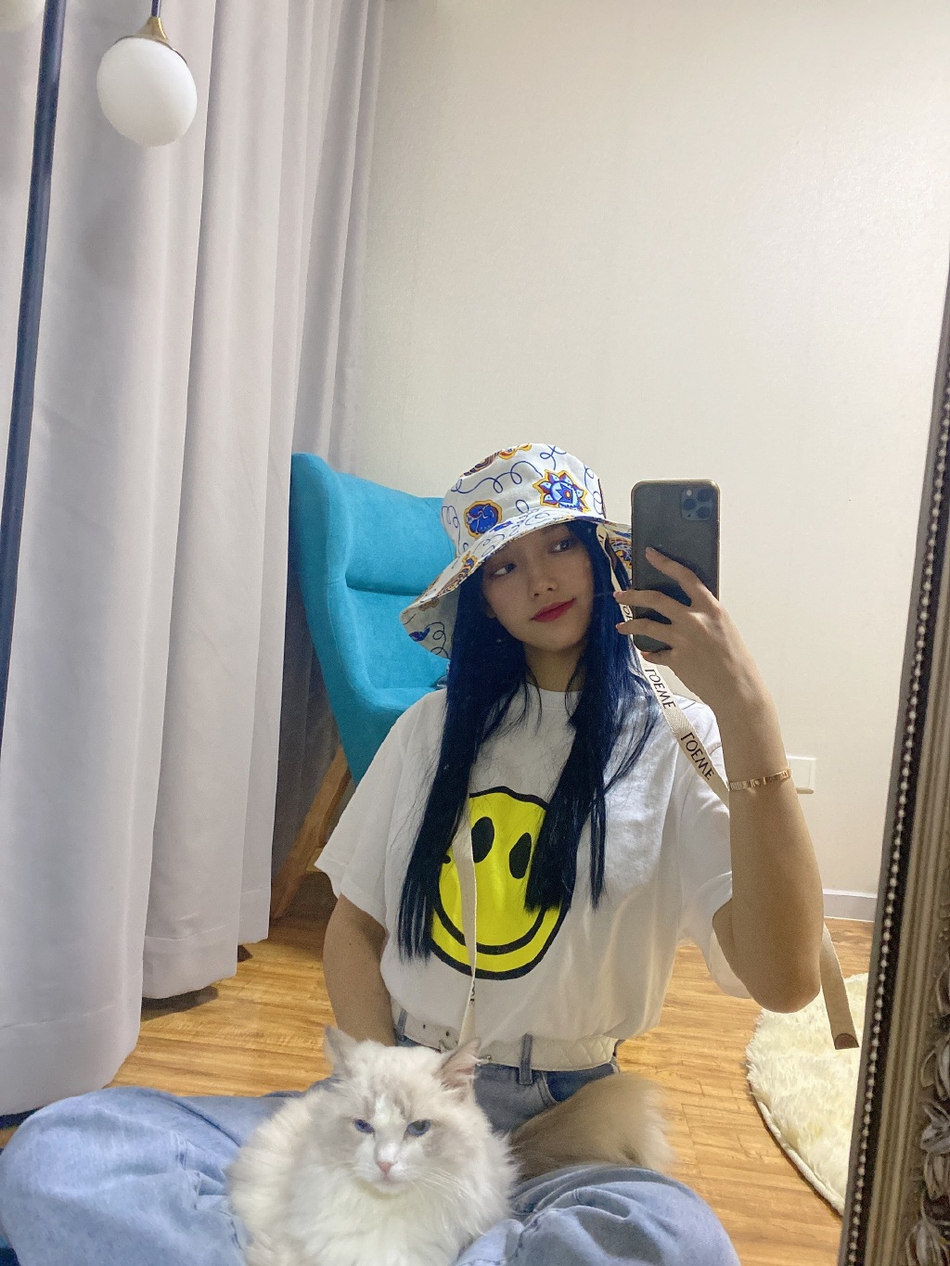 程潇晒与爱猫自拍美照 戴印花渔夫帽清新可人