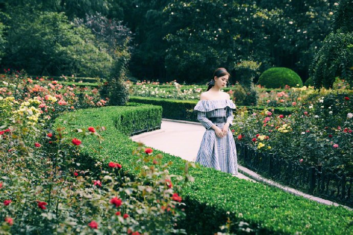 刘诗诗穿一字肩大秀天鹅颈 格纹裙装优雅似公主