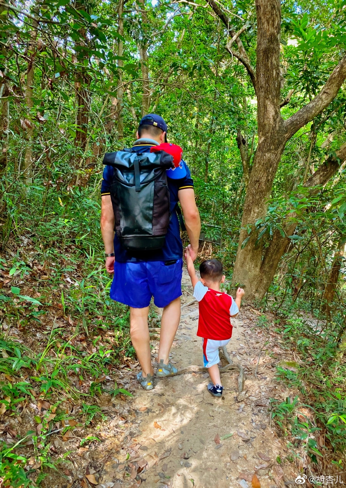 胡杏儿一家三口出游瀑布前合影 小奕霆脸蛋红扑扑超软萌