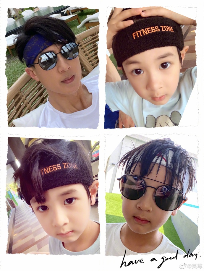 吴尊晒儿女萌照分享日常 Max戴发带扎苹果头神似爸爸