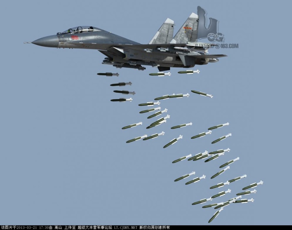 网友绘制的中国歼-16战斗机想象图中,也能挂载20枚以上的炸弹.