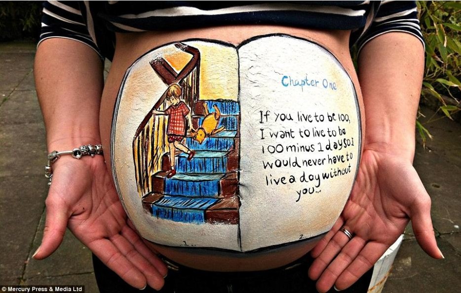 英艺术家孕妇肚皮上涂鸦纪念美好过程