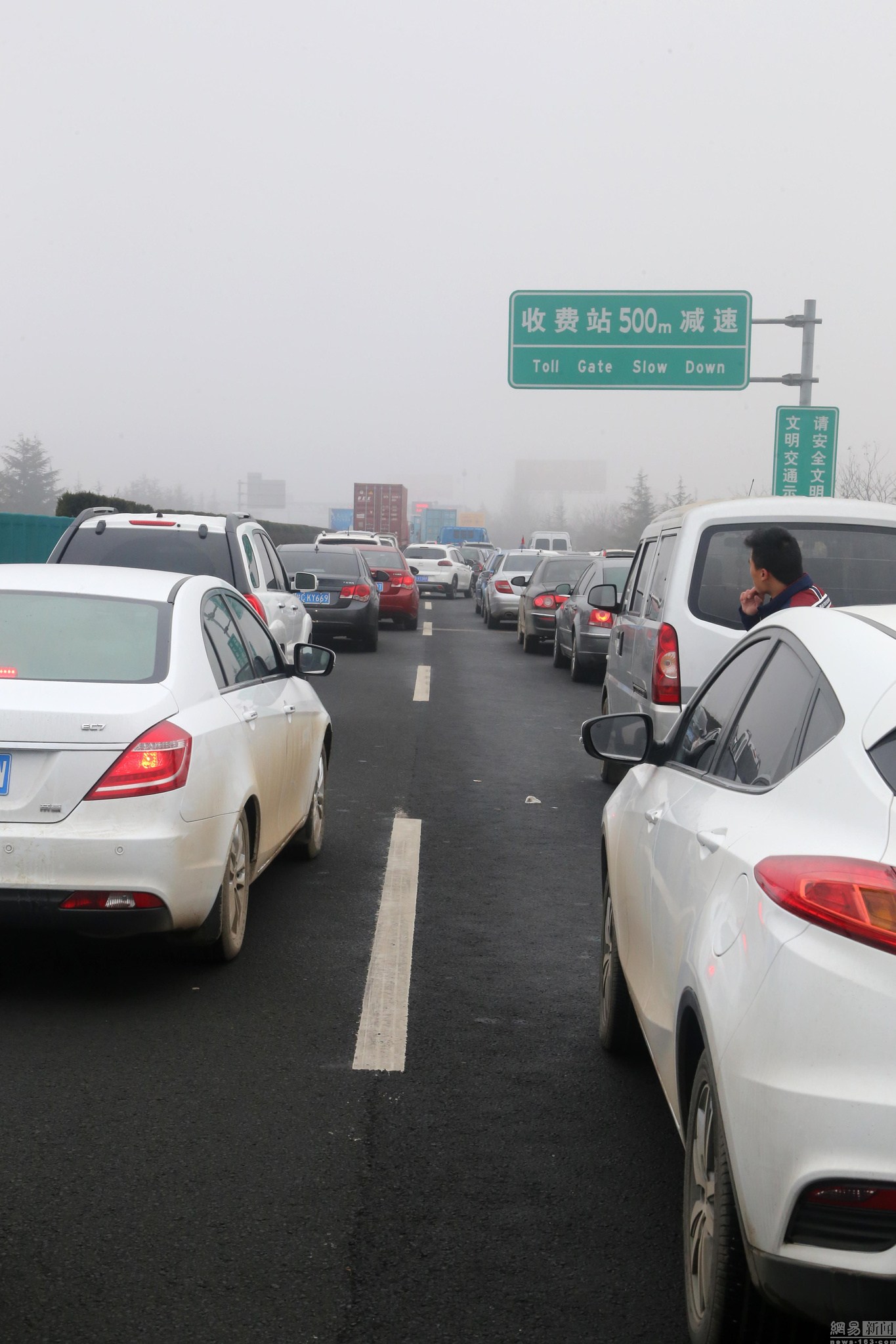 江苏因大雾封闭高速公路行人下车遛狗