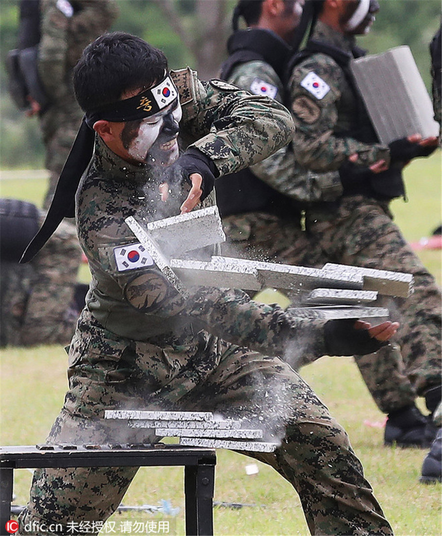 韩国特战队员表演徒手劈砖武艺惊人