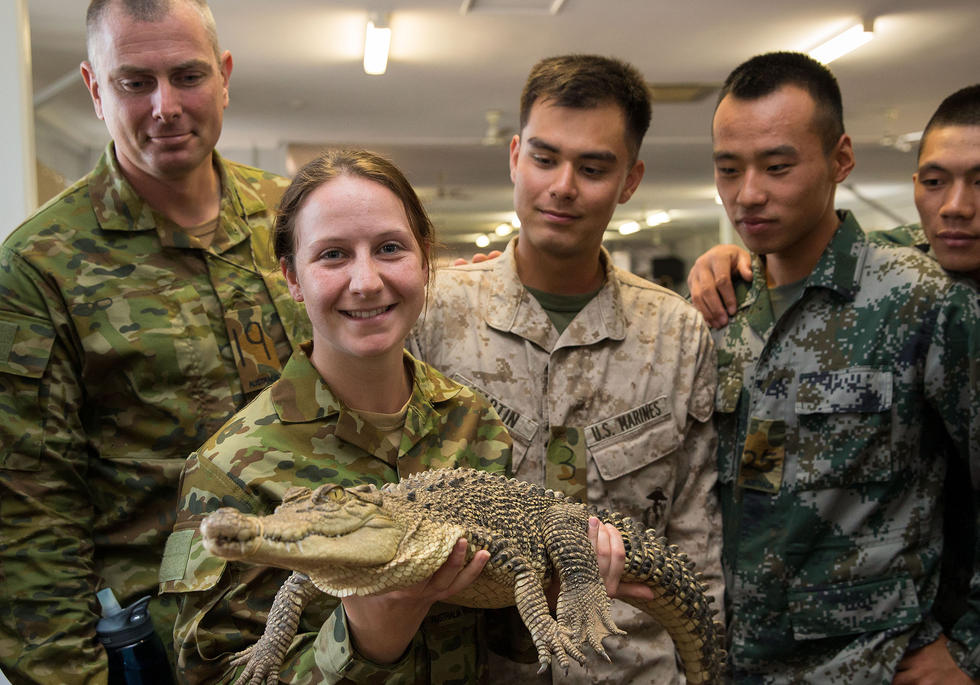 中美澳联训 我战士大胆戳鳄鱼