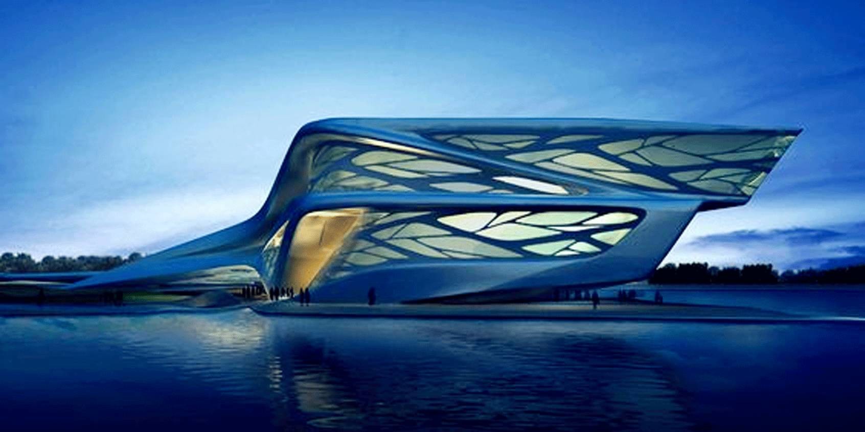 世界建筑奖)获奖作品▼倒立的花瓣状,幕蓝色的玻璃映得水愈发蔚蓝夜幕