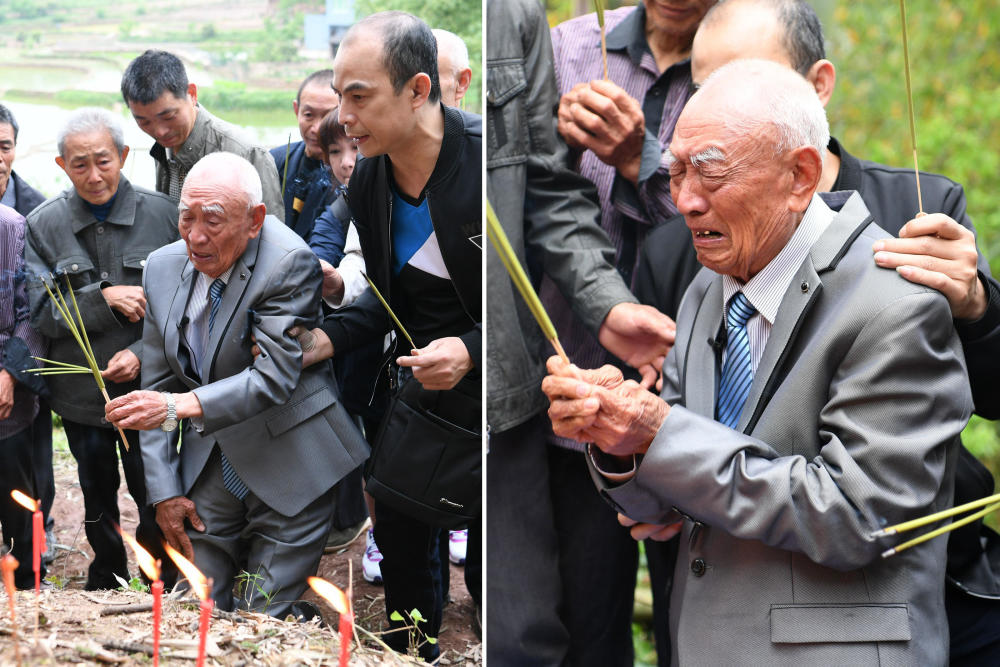 7 台湾老兵隔77年回家乡 父母坟墓前痛哭