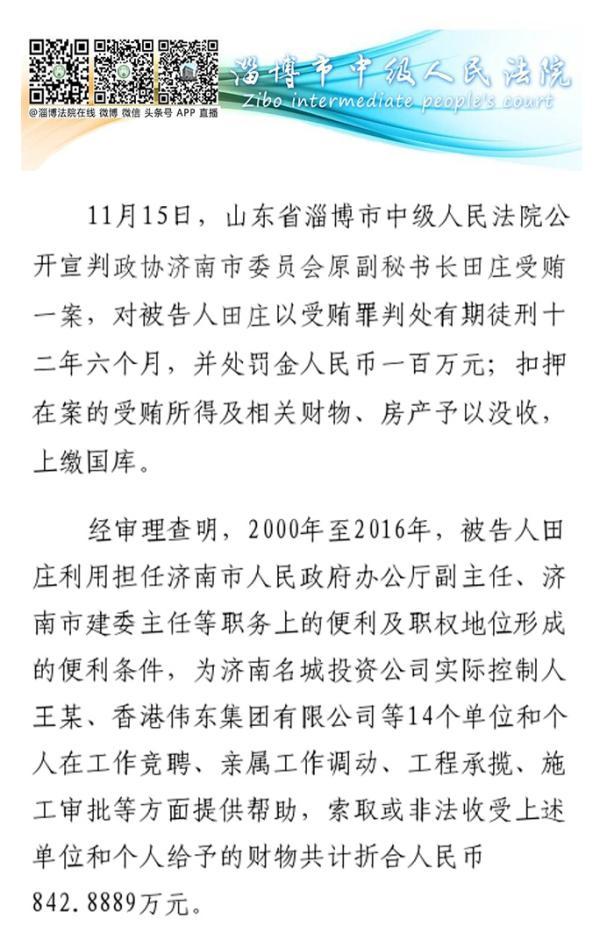 济南市政协原副秘书长田庄被控受贿840万一审获刑12年半