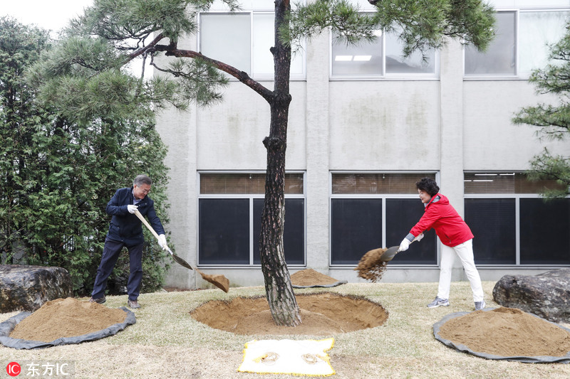 当地时间2018年4月5日,韩国首尔,5日迎来韩国植树节,韩国总统文在寅偕