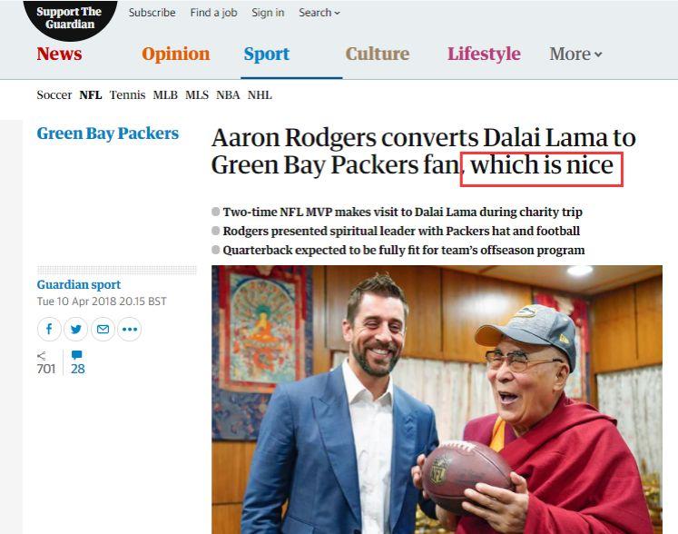 Aaron Rodgers converts Dalai Lama to Green Bay Packers fan, which