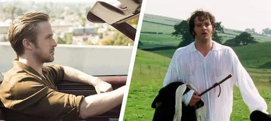 ● 《傲慢与偏见》中“达西先生”（右）与 Ryan Gosling（左）。