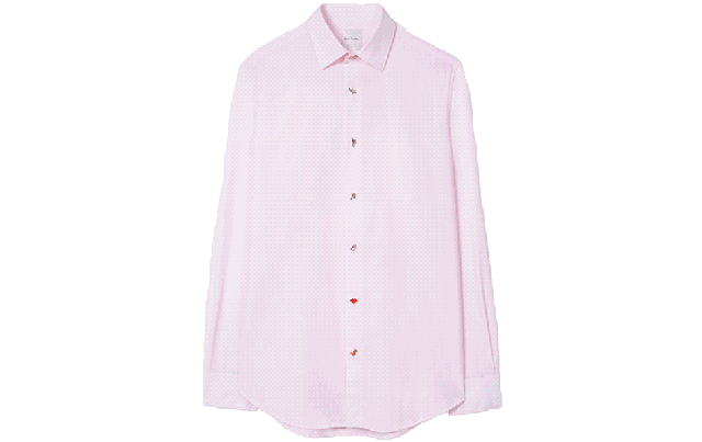 ● Paul Smith 的粉色衬衫骚气十足，每一个纽扣都是音符、小狗、爱心等不同图案的 Pin，袖口也有不同的印花。