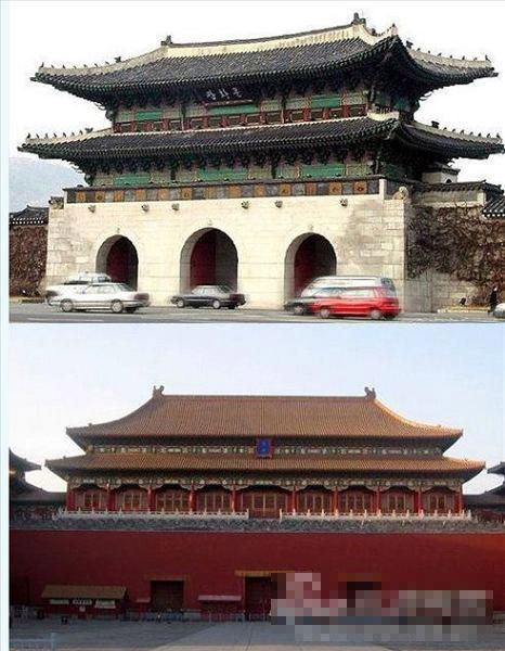 韩国皇宫城门（上）和故宫城门（下）