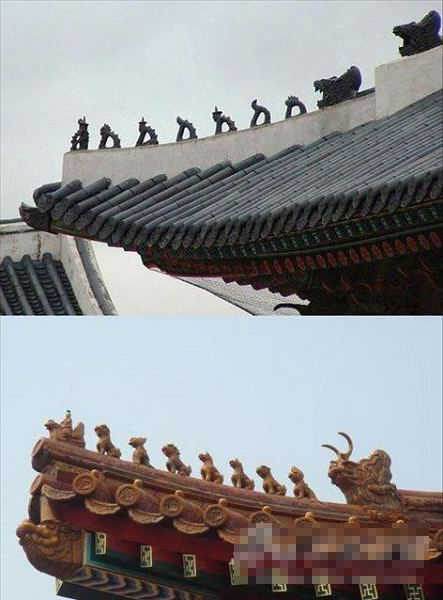 韩国皇宫屋檐（上）和故宫屋檐（下）