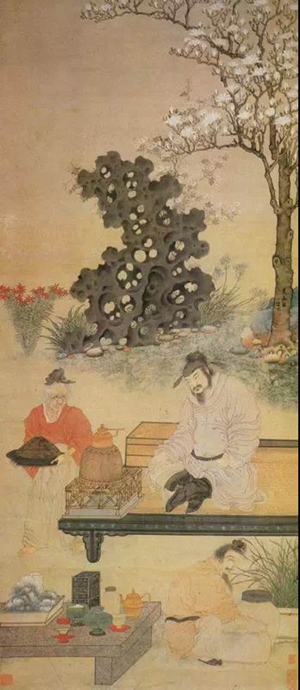 丁云鹏 《煮茶图》(明)画中卢仝坐蕉林修篁下,手执团扇,目视茶炉,正聚
