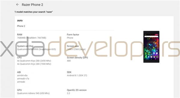 雷蛇Razer Phone 2配置曝光：搭载骁龙835？