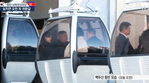 两位领导人于10时10分乘坐缆车，于10时20分许抵达天池。