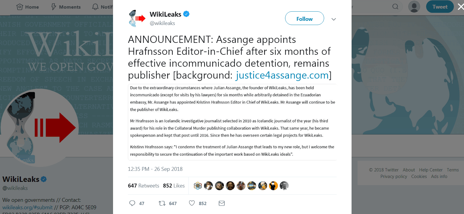(维基解密推特截图)