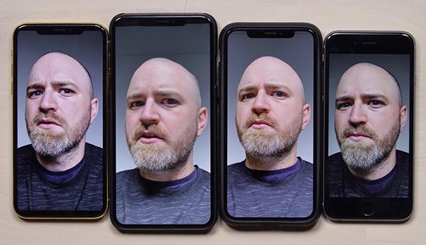 Hilsenteger的自拍效果对比图，从左至右的iPhone型号分别是iPhone X、iPhone XS Max、iPhone XS、iPhone 6