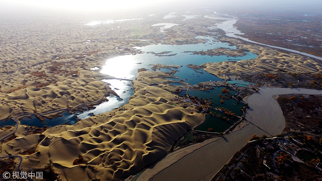 航拍塔里木河秋日风光 缤纷色彩点缀大地