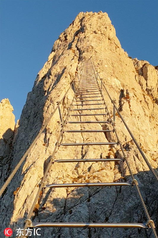 奥地利山间惊悬一架"天梯" 数人攀爬画面惊心