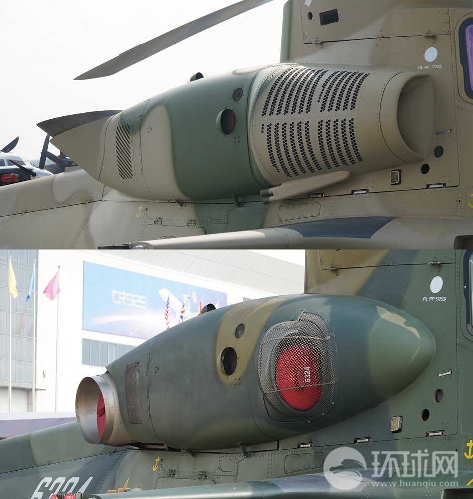 这两型直-10发动机舱的对比.图上方的是外贸版.